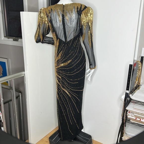Nite Line Sz 10 Black Silk Gold Bugle Beaded Full Length Side Slit Dress Gown - Picture 5 of 16